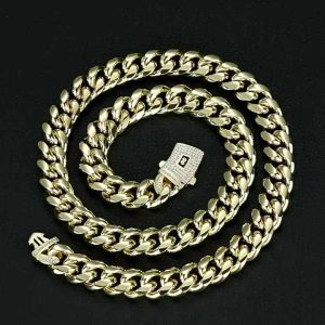 14K Gold Plated Stainless Steel Hiphop Miami Cuban Link Chain Necklace with Zircon Accents