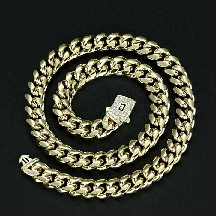 14K Gold Plated Stainless Steel Hiphop Miami Cuban Link Chain Necklace with Zircon Accents