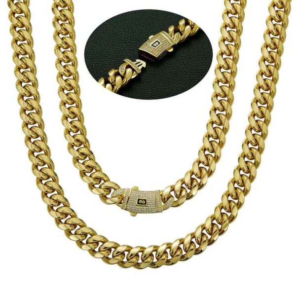 Fashion Stocks Mens 14k Gold Plated Stainless Steel Miami Cuban Link Chain Necklace