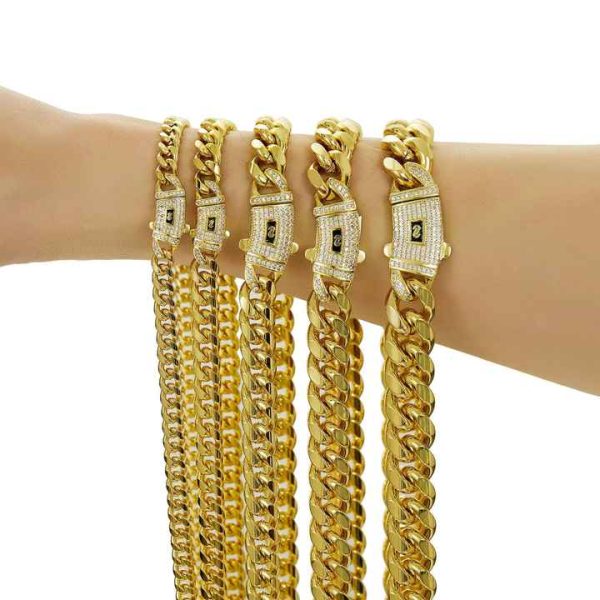 Fashion Stocks Mens 14k Gold Plated Stainless Steel Miami Cuban Link Chain Necklace