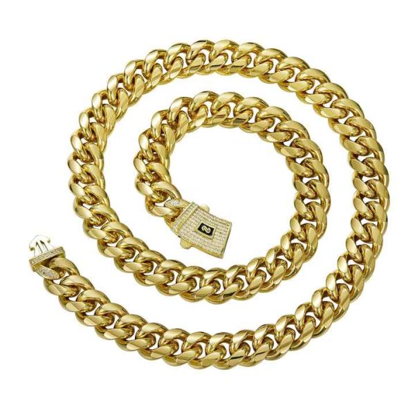 Fashion Stocks Mens 14k Gold Plated Stainless Steel Miami Cuban Link Chain Necklace