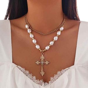 Trendy Geometric Cross Pearl Pendant Chain Necklace for Women - Alloy Rose Gold Collar Jewelry