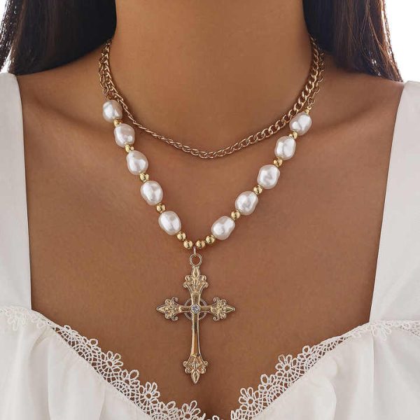 Fashion Jewelry Women's Cross Pearl Necklace Set Alloy Geometric Collar Chain Necklace