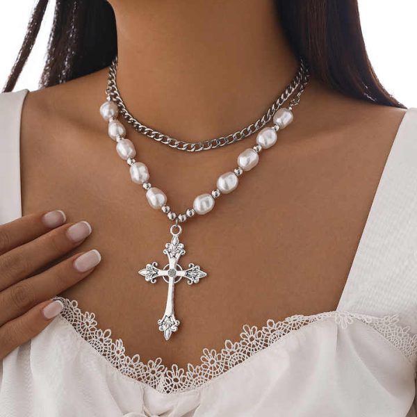 Fashion Jewelry Women's Cross Pearl Necklace Set Alloy Geometric Collar Chain Necklace