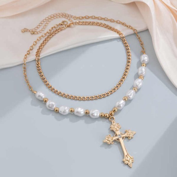 Fashion Jewelry Women's Cross Pearl Necklace Set Alloy Geometric Collar Chain Necklace