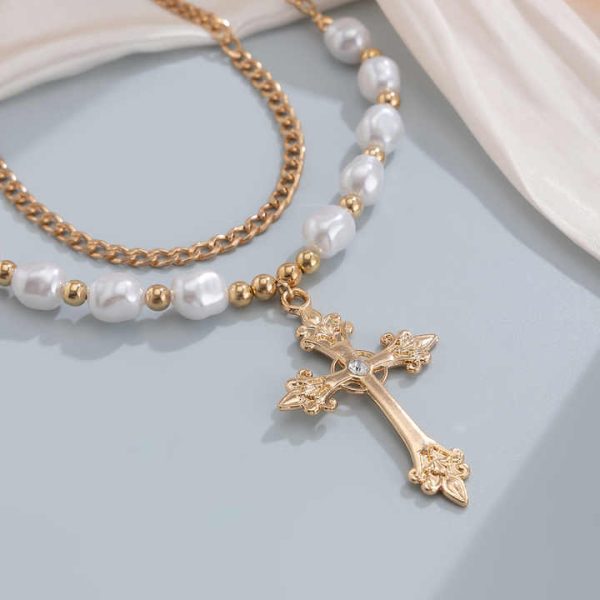 Fashion Jewelry Women's Cross Pearl Necklace Set Alloy Geometric Collar Chain Necklace