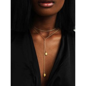 Trendy Waterproof Stainless Steel Y Necklace with 18K Gold Plated Snake Chain and Shell Shape Textured Irregular Pendant for Kids
