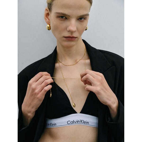 Waterproof Stainless Steel Jewelry Y Necklace Fashion 18K Gold Plated Snake Chain Shell Shape Textured Irregular Pendent