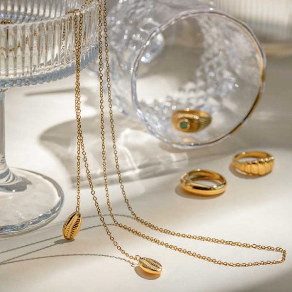 Waterproof Stainless Steel Jewelry Y Necklace Fashion 18K Gold Plated Snake Chain Shell Shape Textured Irregular Pendent
