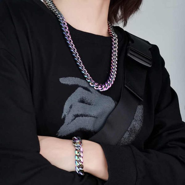 Popular Fashion Long Chain Necklaces Gold Sliver Colorful Hip Hop Bracelet Cuban Link Chain Choker Necklace