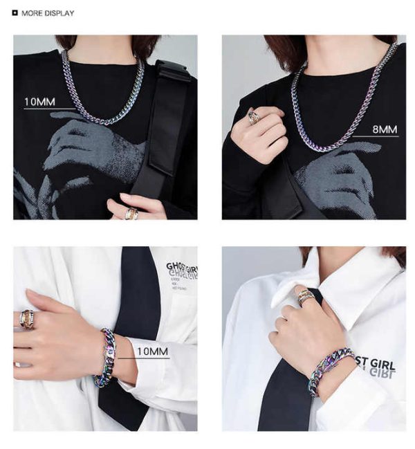 Popular Fashion Long Chain Necklaces Gold Sliver Colorful Hip Hop Bracelet Cuban Link Chain Choker Necklace