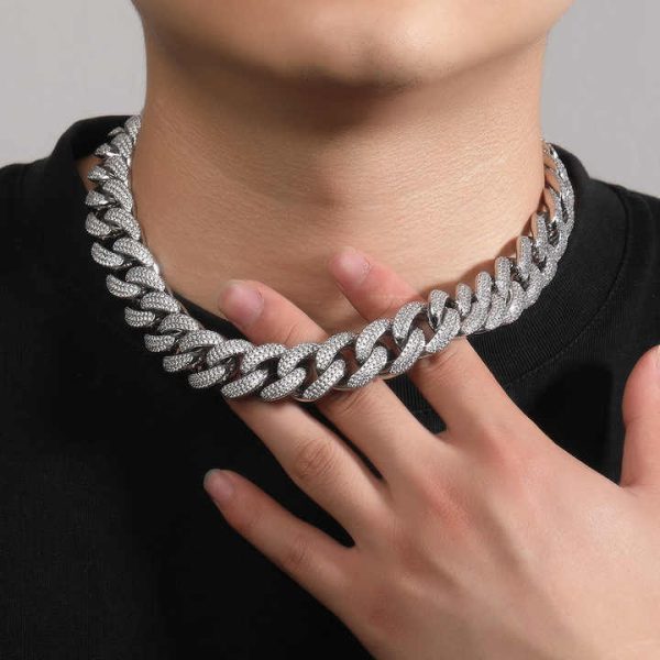Men's Trendy Zircon Crystal Necklace New Fashion 18mm Brass Hip Hop Big Prong Miami Cuban Link Chain Rhodium Plated-for Gift