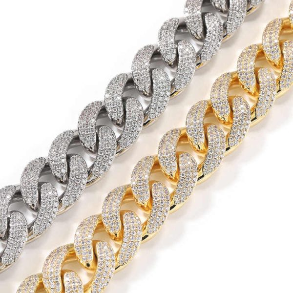 Men's Trendy Zircon Crystal Necklace New Fashion 18mm Brass Hip Hop Big Prong Miami Cuban Link Chain Rhodium Plated-for Gift