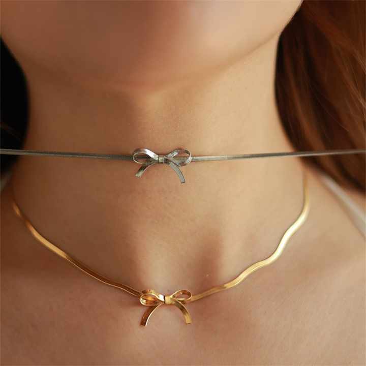 2024 Trends Women Stainless Steel Chain Necklace Fashion Bow Choker Necklace Wholesale for Girls