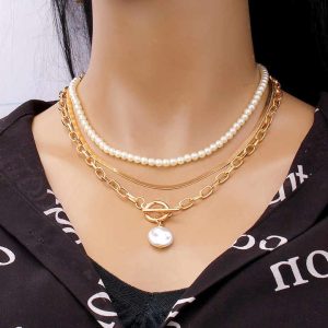 Fashion Jewelry Pearl Tassel Pendant Necklace for Women Vintage Multi Layer Link Chain