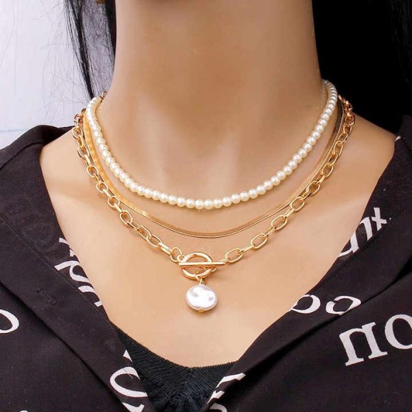 Fashion Jewelry Pearl Tassel Pendant Necklace for Women Vintage Multi Layer Link Chain