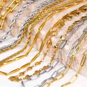 Fashion Stainless Steel Paper Clip Chain Necklace and Bracelet Set - Gold/Platinum Plated Unisex Jewelry for Daily Wear