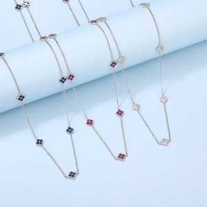 Vintage 925 Sterling Silver Clover Zircon Necklace for Women, Rhodium Plated Sweater Chain Jewelry