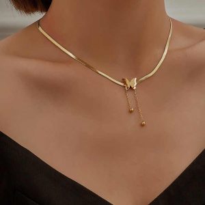Trendy Gold-Plated Stainless Steel Choker Necklace with Butterfly and Heart Pendant