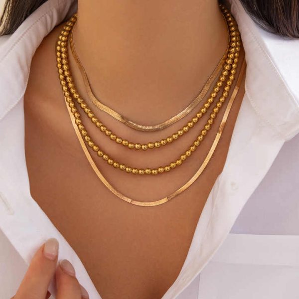 Fashion Jewelry Women's Geometric Metal Chain Collarbone Chain Necklace Hip-hop Bead Flat Snake Chain Necklace Set