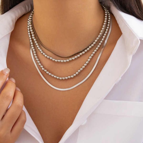 Fashion Jewelry Women's Geometric Metal Chain Collarbone Chain Necklace Hip-hop Bead Flat Snake Chain Necklace Set