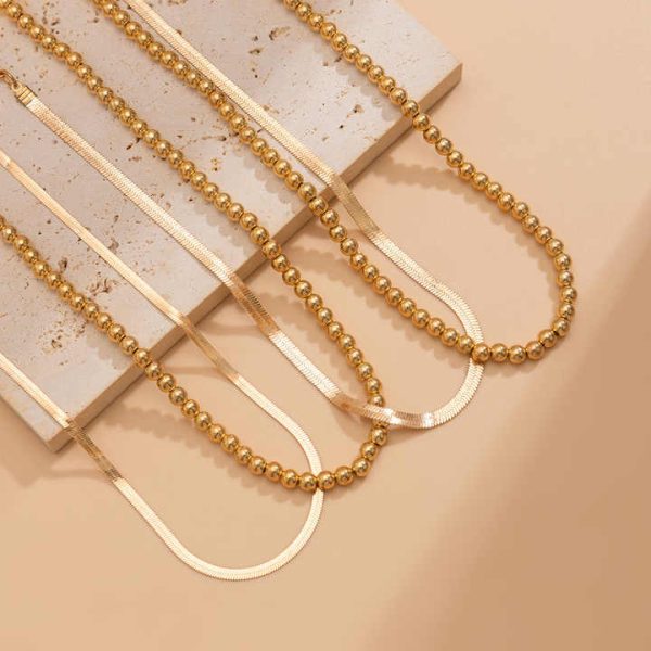 Fashion Jewelry Women's Geometric Metal Chain Collarbone Chain Necklace Hip-hop Bead Flat Snake Chain Necklace Set