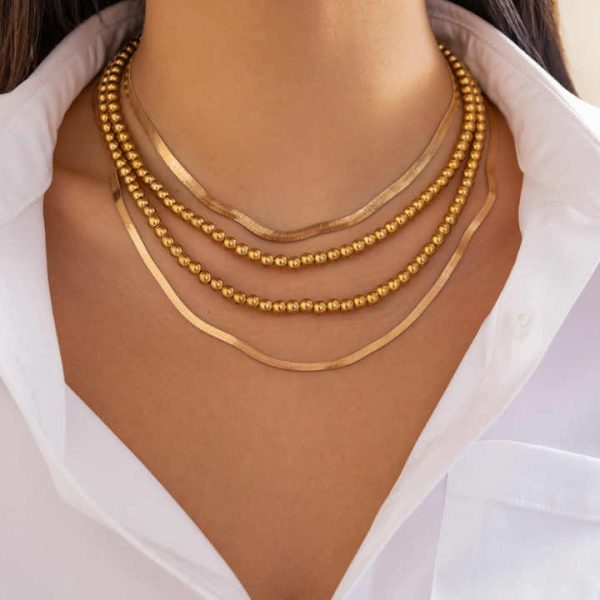 Fashion Jewelry Women's Geometric Metal Chain Collarbone Chain Necklace Hip-hop Bead Flat Snake Chain Necklace Set