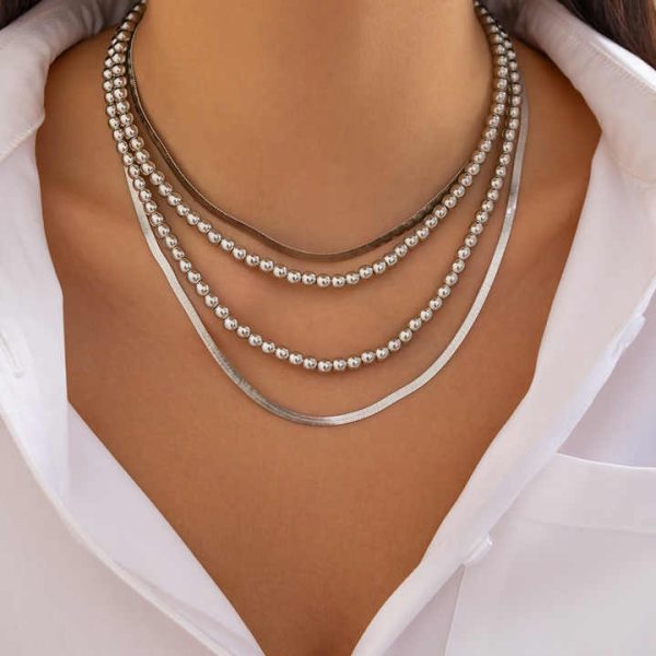 Fashion Jewelry Women's Geometric Metal Chain Collarbone Chain Necklace Hip-hop Bead Flat Snake Chain Necklace Set