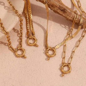 Vintage 18K Gold Plated Stainless Steel Link Chain Choker Necklace for Wedding Party Unisex Gift