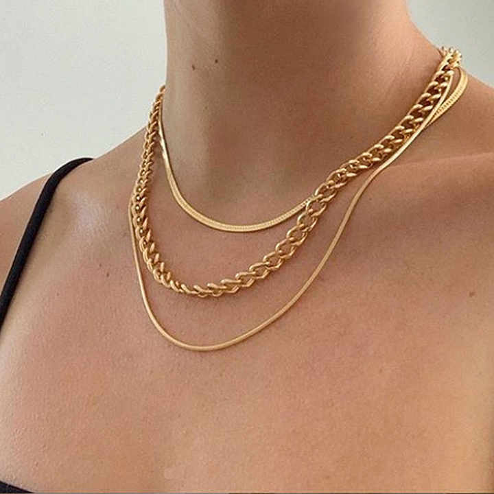 Women Fashion Jewelry Multilayer Snake Chains Alloy Choker Necklace Stacking Jewelry Flat Snake Chain Necklace