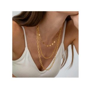 Trendy Women's Stainless Steel Gold Plated Link Chain Necklace with Asscher Cut Diamond