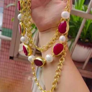 Vintage Brass Link Chain Necklace with Shell Pearl Beads and Red Gemstone for Women's Party Jewelry