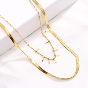 Trendy Stainless Steel 18K Gold Plated Double Layer Lock Pendant Chain Necklace for Women
