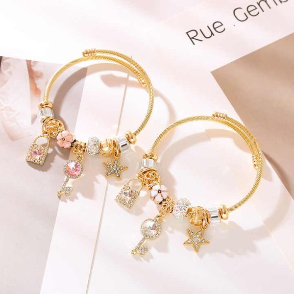 Vintage Gold Plated Bead Charm Bracelets DIY Shiny Crystal Bracelet Fashion Jewelry Bracelets