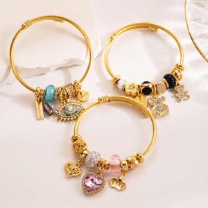 High Quality Little Bear Charm Bracelet Gold Plated Stainless Steel Large Hole Beads Crystal Charm Bracelet for Women