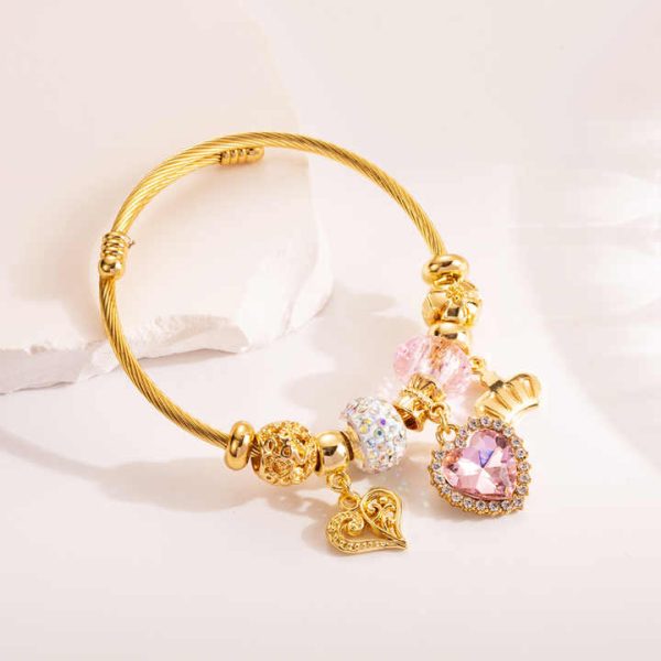High Quality Little Bear Charm Bracelet Gold Plated Stainless Steel Large Hole Beads Crystal Charm Bracelet for Women