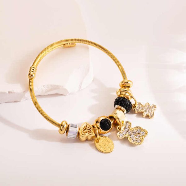 High Quality Little Bear Charm Bracelet Gold Plated Stainless Steel Large Hole Beads Crystal Charm Bracelet for Women