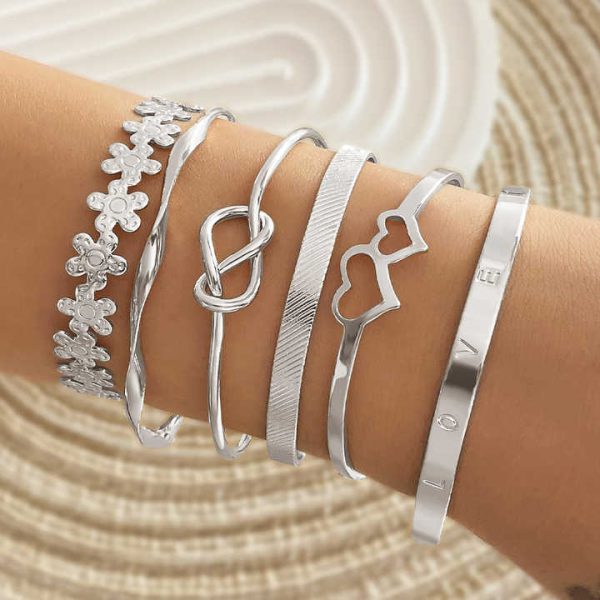 Women's Fashion Charm Bracelets Double Heart Bracelet Set with Adjustable Knot Gold Silver Plated Jewelry