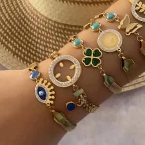 Vintage Gold Plated Stainless Steel Charm Bracelet with Zircon Adjustable Bohemian Jewelry for Women