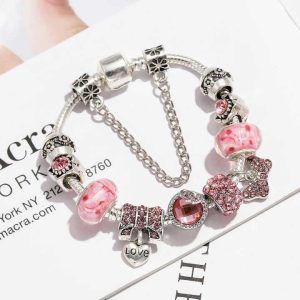 Fashion Romantic Pink Crystal Bowknot Pendant Bangle Bracelets Exquisite Charm Bracelets