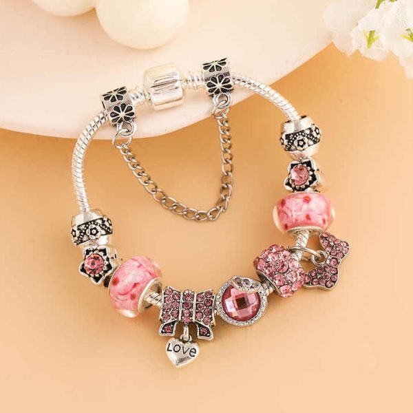 Fashion Romantic Pink Crystal Bowknot Pendant Bangle Bracelets Exquisite Charm Bracelets