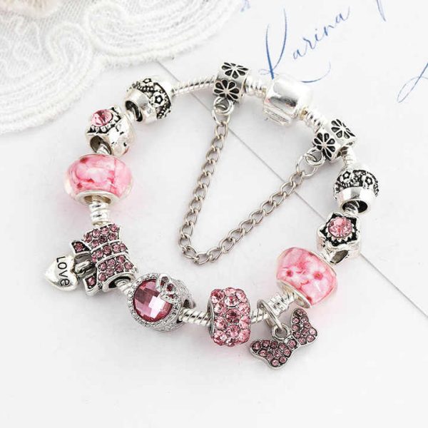 Fashion Romantic Pink Crystal Bowknot Pendant Bangle Bracelets Exquisite Charm Bracelets
