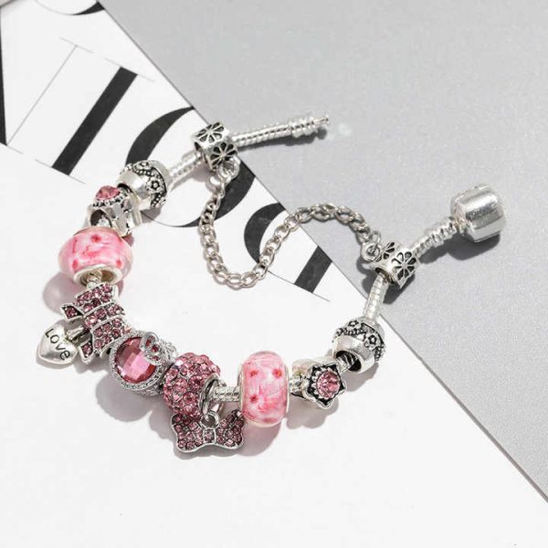 Fashion Romantic Pink Crystal Bowknot Pendant Bangle Bracelets Exquisite Charm Bracelets