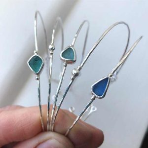 Handmade Sea Glass Hammered Bracelet Customizable Minimalist Bangle Sterling Silver Plated Jewelry