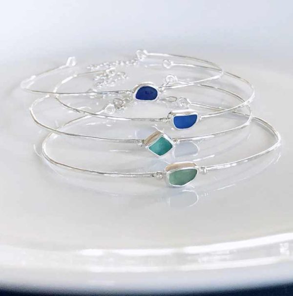 Sea Glass Glass Hammered Bracelet Custom Made Bangle Minimal Jewellery