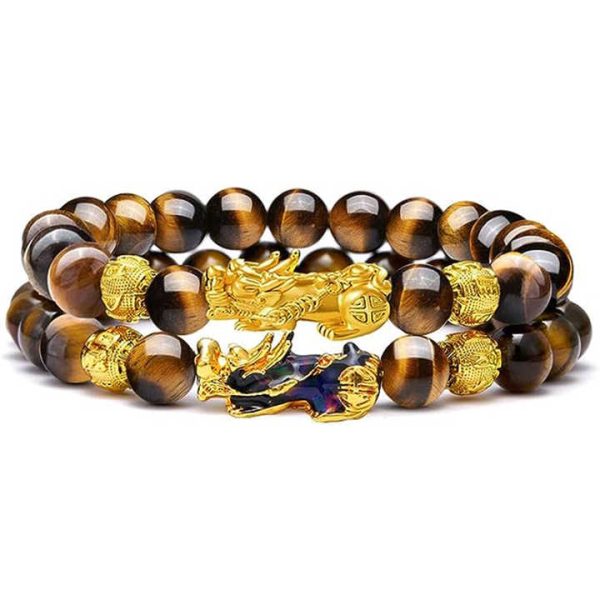 2pcs/set Feng Shui Good Luck Bracelets Natural Tiger Eye Stone Healing Energy Pixiu Dragon Charm Wealth Bracelet for Men