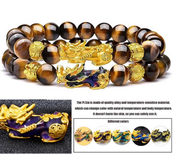2pcs/set Feng Shui Good Luck Bracelets Natural Tiger Eye Stone Healing Energy Pixiu Dragon Charm Wealth Bracelet for Men