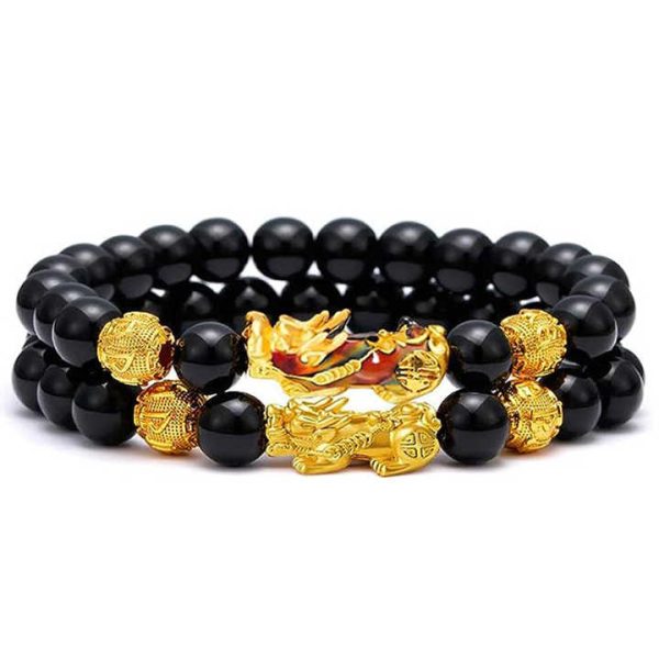 2pcs/set Feng Shui Good Luck Bracelets Natural Tiger Eye Stone Healing Energy Pixiu Dragon Charm Wealth Bracelet for Men