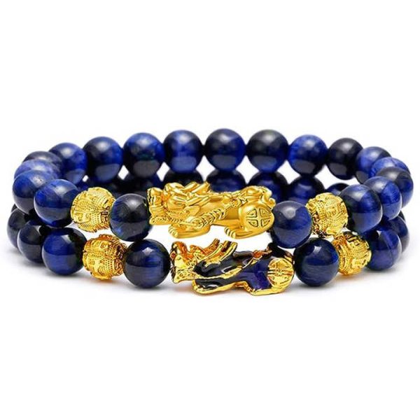 2pcs/set Feng Shui Good Luck Bracelets Natural Tiger Eye Stone Healing Energy Pixiu Dragon Charm Wealth Bracelet for Men