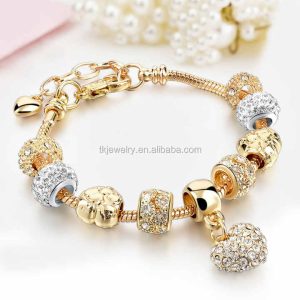 Trendy Crystal Heart Bead Charm Bracelet with Gold-Tone Accents Adjustable Women's Fashion Jewelry